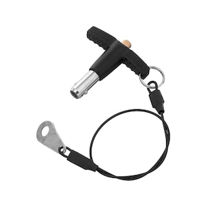 May include: A black T-handle pin with a silver metal pin and a black cord with a metal loop.