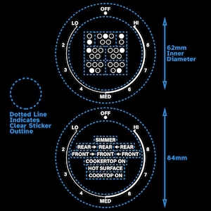 Könnte beinhalten: Ein schwarz-weißes Diagramm eines Kochfeld-Bedienknopfs mit einer gestrichelten Umrandung. Der Knopf ist mit den Zahlen 2 bis 8, LO, HI, MED und OFF beschriftet. Der Knopf hat auch ein Raster aus Kreisen mit einer gestrichelten Umrandung. Der Text "62 mm Innendurchmesser" befindet sich rechts neben dem Knopf. Unter dem Knopf befindet sich ein ähnliches Diagramm mit dem Text "SIMMER", "REAR", "FRONT", "COOKERTOP ON", "HOT SURFACE" und "COOKTOP ON". Der Text "84 mm" befindet sich rechts neben dem Knopf.