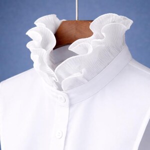 White Ruffle Classic Satin False Upright Collar Design For Women Girls Ladies Collared Button Turtle Neck Top Blouse Turtleneck Shirt Bust image 4