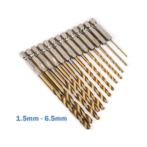 May include: A set of 13 drill bits ranging in size from 1.5mm to 6.5mm. The drill bits are made of titanium and have a gold finish. The drill bits are arranged in order of size, with the smallest drill bit at the top and the largest drill bit at the bottom.