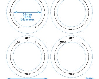 4 Zifferblätter Set Lo-Med-Hi AC / CCW Kochfeldbrenner Aufkleber Schwarzer Druck Klare Rückseite für Sprudelschalter - Knopfschalter Ofenaufkleber Ersatzgasherd