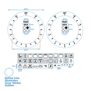 May include: Diagram of appliance control panel stickers. The image shows two circular dials with numbers and settings, and a series of icons. Measurements are in millimeters.