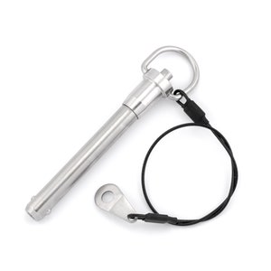 May include: A silver quick release pin with a black tether. The pin has a loop on one end and a small metal ring on the other end.