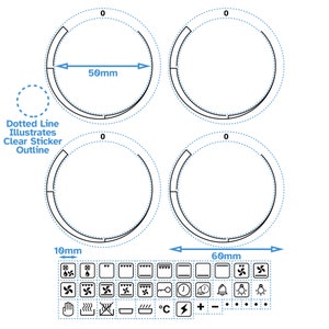 May include: Four white oven knobs with black outlines and numbers. The knobs are 50mm in diameter. The image also shows a variety of oven control symbols, including temperature, timer, and fan settings.