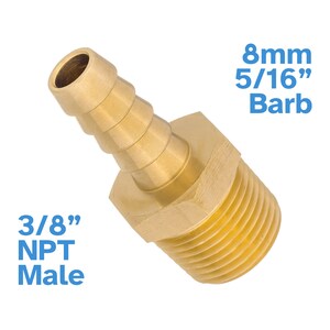 May include: Brass 3/8 inch NPT male to 5/16 inch barb fitting. The fitting is gold in color and has a threaded end and a barb end.