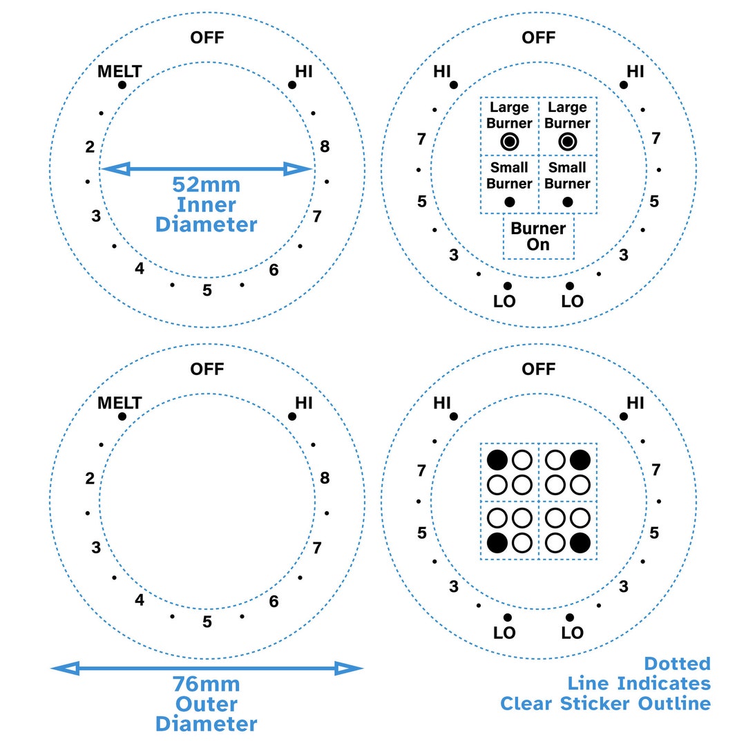 4 Dials Set Melthi Lo AC/CCW Cooktop Burner Adhesive Label Black Print