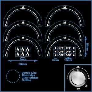 Blanc, 6 flammes dans le sens des aiguilles d'une montre, ligne L-M-H, moitié supérieure, demi-étiquettes auto-adhésives, dos transparent, bouton de cadran, autocollant pour four, table de cuisson, plaque de cuisson à gaz, cuisinière Kitchenaid