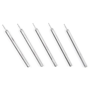 May include: Five silver metal drill bits with pointed tips, arranged in a row on a white background.