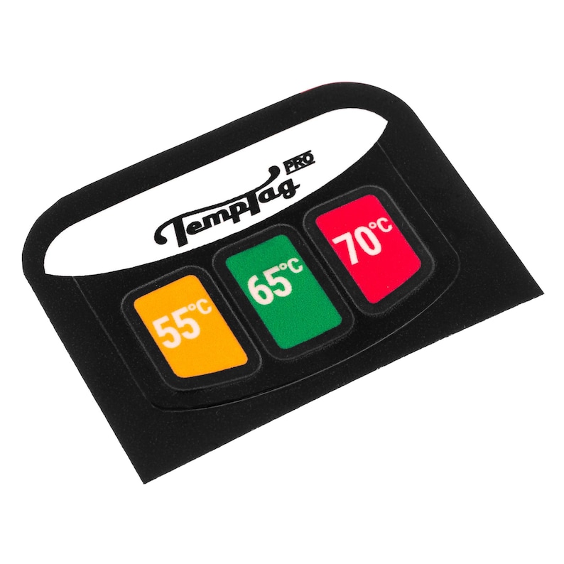 May include: Black TempTag PRO food thermometer with three color-coded indicators: 55&deg;C (yellow), 65&deg;C (green), and 70&deg;C (red).