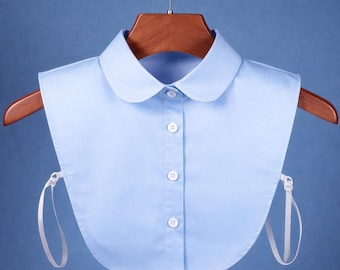 Light Blue False Peter Pan Round Cotton Collar Design For Women Girls Ladies Collared Button Shirt Classic Rounded Neck Bust Blouse Sheer