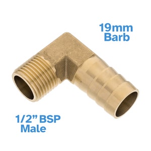 Può includere: Raccordo a gomito in ottone da 1/2 pollice BSP maschio a 19 mm barb. Il raccordo è in ottone e ha una filettatura maschio BSP da 1/2 pollice su un'estremità e un barb da 19 mm sull'altra estremità.