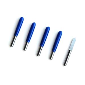 May include: Five blue and silver craft knives with a single silver craft knife.