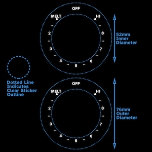 Peut inclure: Deux boutons de cuisinière circulaires avec un contour en pointillés. Les boutons sont marqués "OFF", "MELT", "HI" et des numéros de 2 à 8. Le bouton du haut a un diamètre intérieur de 52 mm et le bouton du bas a un diamètre extérieur de 76 mm.