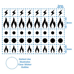 May include: A sheet of black and white stickers with various designs, including lightning bolts, flames, and circles. The sheet is divided into a grid with a dotted line outline. The text "Dotted Line Illustrates Clear Sticker Outline" is printed below the grid.