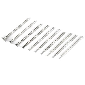May include: A set of ten silver metal rotary tools with different shaped tips. The tools are used for grinding, sanding, and polishing.