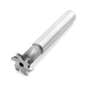 May include: A silver metal end mill with a star-shaped cutting head. The end mill is used for cutting grooves and slots in wood or metal.
