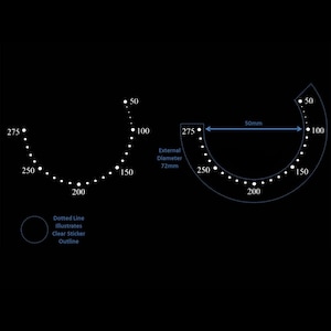Op de afbeelding: Een diagram dat de meting van de diameter van een cirkel illustreert. De cirkel is verdeeld in 360 graden, met markeringen op 50, 100, 150, 200, 250 en 275 graden. De buitendiameter is 72 mm, en de afstand tussen de 275-gradenmarkeringen is 50 mm.