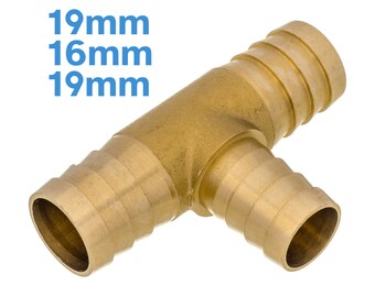 19mm - 16mm - 19mm Brass Tee Pipe Fitting 3 Way Splitter Barbed Tubing Connector Reducing Hose Barb Tail Tapered Thread T Coupler Adapter