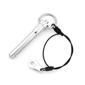 May include: A silver quick release pin with a black lanyard and a small silver loop. The pin has a threaded end and a spring-loaded mechanism.