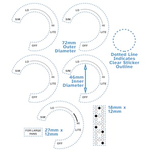 Könnte beinhalten: Weiß-blaues Diagramm von Kochfeld-Bedienknöpfen mit Millimeter-Maßen. Das Diagramm enthält Beschriftungen wie "LO", "HI", "LITE" und "OFF". Der Außendurchmesser beträgt 72 mm, der Innendurchmesser 46 mm. Kleinere Diagramme sind 27 mm x 12 mm und 18 mm x 12 mm groß.