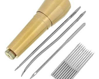 1 Set Shoe Repair Kit Awl With Brass Handle, 10 Hook Needles, Sewing Tool Hand Stitcher Canvas Leather Craft Shoes Heel Fix Fixing Repairing