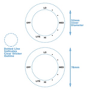 Op de afbeelding: Twee cirkelvormige diagrammen met gestippelde omtrekken, gelabeld met instellingen zoals OFF, LO, MED, HI en LITE. De bovenste cirkel heeft een binnendiameter van 52 mm. De onderste cirkel is 78 mm hoog. Tekst geeft aan dat dit omtrekken van transparante stickers zijn.