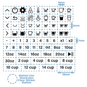 May include: Black and white icons on a white background with a blue grid. The icons include arrows, a power button, a gear, water drops, a thermometer, a cup, a glass, and a pitcher. The grid also includes numbers, ounces, and cups.