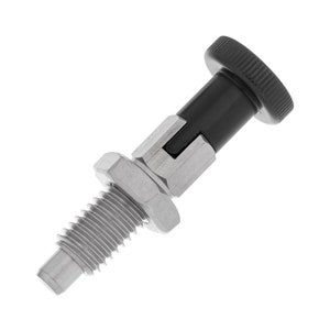 Puede incluir: Un pasador de liberación rápida de metal con un botón negro y un eje roscado. El pasador tiene una tuerca hexagonal y un cuerpo de color plateado. El botón es negro y tiene una textura estriada para el agarre.