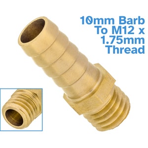 Könnte beinhalten: Messing-Barb-Fitting mit 10 mm Durchmesser und einem männlichen M12 x 1,75 mm Gewinde. Die Fitting ist für die Verbindung eines 10 mm Schlauches mit einem 12 mm Gewinderohr ausgelegt.