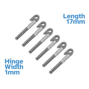 May include: Six silver-toned metal hinge pins arranged in a diagonal row. Each pin features a threaded screw-like shaft and a flat, rounded head with a circular hole. The text Length 17mm and Hinge Width 1mm is printed in blue on the image.