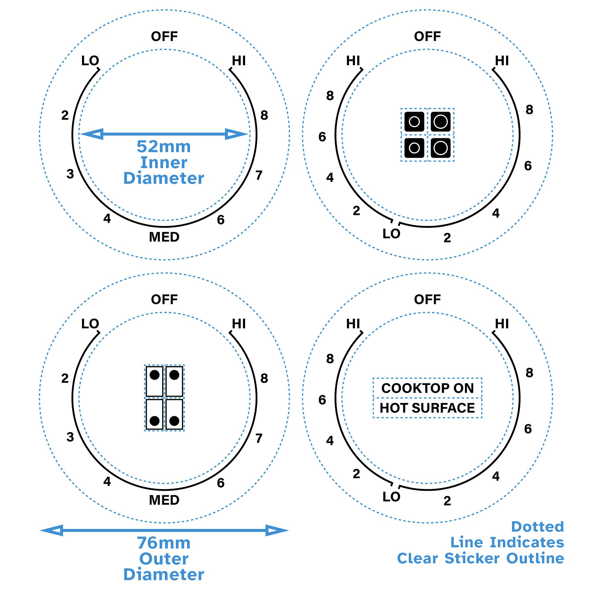 4 Dials Set Lo-Med-Hi Hi-Lo-Hi  AC/CCW Cooktop 4 Hob Burner Label Black Print Clear Back For Samsung - Knob Switch Oven Stickers Gas Stove
