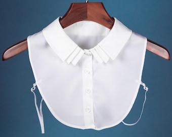 White False Satin Collar Cascade Design For Women Girls Ladies Collared Button Shirt Bust Blouse For Jumper Sweater Top Pointed Layer Style