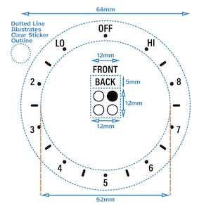 Peut inclure: Un cadran rond blanc avec des marques noires et un point noir au centre. Le cadran est étiqueté "OFF" et comporte les chiffres de 1 à 8 autour du bord. Le cadran a un diamètre de 68 mm et une largeur de 52 mm. Le cadran est entouré d'une ligne pointillée, qui illustre le contour d'un autocollant transparent.
