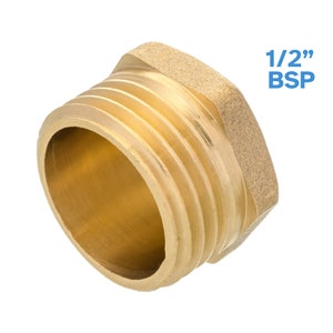 May include: A brass 1/2 inch BSP pipe fitting. The fitting has a hexagonal shape and is threaded on the outside.