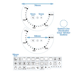 Op de afbeelding: Twee ovenknoppen met zwarte stippen en nummers van 50 tot 250. De knoppen hebben een diameter van 7,4 cm en 5 cm. Onder de knoppen bevinden zich 10 rijen ovenpictogrammen, waaronder een ventilator, een timer, een lampje en een temperatuurregeling.