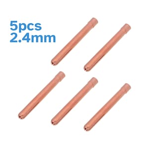 May include: Five copper-colored welding nozzles, each with a 2.4mm diameter, are arranged diagonally against a white background. The nozzles are cylindrical with a slightly tapered end and a small opening.