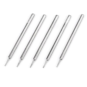 May include: Five silver metal tools with pointed tips, arranged in a row on a white background.