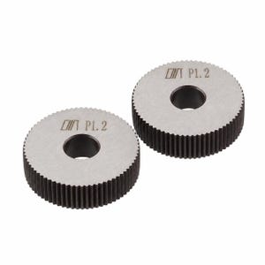 May include: Two circular metal knurling wheels with a dark grey finish and fine teeth along the outer edge. Each wheel features a central circular hole and is laser-etched with the text P1.2 on the flat top surface for identification purposes.