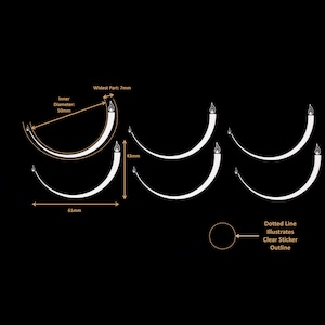 May include: A set of three white eyelash extensions with a dotted line illustrating the clear sticker outline. The extensions are 6.1 cm long, 4.3 cm wide, and have an inner diameter of 5 cm. The widest part of the extension is 0.7 cm.