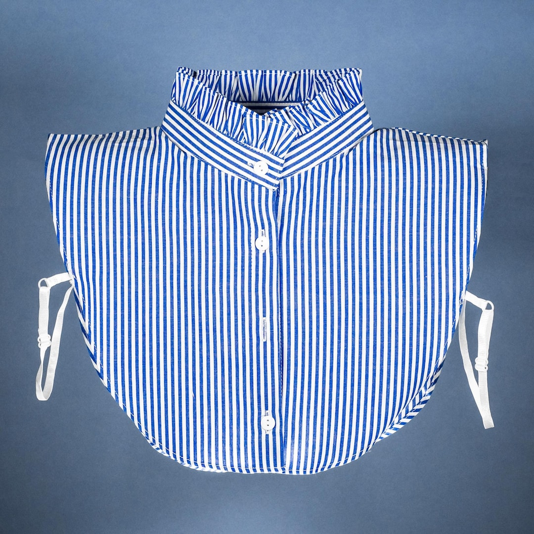New Blue Striped Ruffles Collar Blouse for Lady Half Sleeve V-Neck Shirts