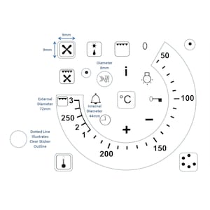 Puede incluir: Un gráfico blanco con varios símbolos y medidas. Incluye un termómetro, una campana y un dial con números del 0 al 250. El texto incluye "Diámetro exterior 72mm" y "Diámetro interior 44mm".