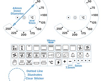 44 stuks combinatiesymbolen en 50-250 graden temperatuurwijzerlabels, kachel zelfklevende zwarte print, knopschakelaar ovenstickers top gaskookplaat