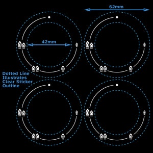 May include: Diagram showing the placement of four round clear stickers on a surface. The stickers are 42 mm in diameter and are spaced 62 mm apart. The dotted lines illustrate the outline of the stickers.