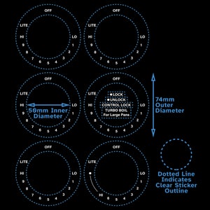 Op de afbeelding: Diagram met de afmetingen van een kookplaatknop. De knop heeft een binnendiameter van 50 mm en een buitendiameter van 74 mm. De knop heeft een gestippelde omtrek, wat aangeeft dat er een transparante sticker is. De knop is gemarkeerd met "LITE", "HI", "LO" en "OFF".