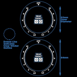 Könnte beinhalten: Ein weißer Knopf mit schwarzem Hintergrund und blauen gepunkteten Linien. Der Knopf hat ein Zifferblatt mit den Zahlen 2, 4, 6 und 8. Der Knopf trägt die Aufschriften "HI", "LO", "OFF", "REAR" und "FRONT". Der Knopf hat einen Durchmesser von 62 mm.