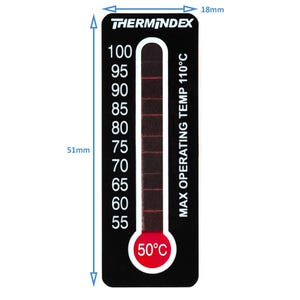 May include: Black and white thermometer sticker with the text "THERMINDEX" and "MAX OPERATING TEMP 110&deg;C". The thermometer has a red indicator at 50&deg;C.