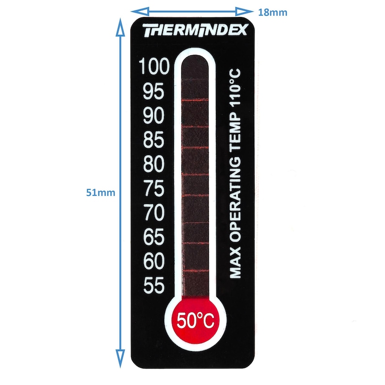 May include: Black and white thermometer sticker with the text "THERMINDEX" and "MAX OPERATING TEMP 110&deg;C". The thermometer has a red indicator at 50&deg;C.