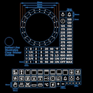 May include: A white oven knob with a blue outline and a clear sticker with numbers and markings. The knob has a diameter of 2.25 inches. The sticker includes markings for 1/4, 1/2, 3/4, 0, 1, 2, 3, 4, 5, 6, 7, 8, 9, 10, 15, 20, 30, 40, 50, 60, 70, 80, 90, 100, 120, 125, 150, 175, 200, 225, 250, 275, 300, 325, 350, 375, 400, 425, 450, 475, 500, 525, 550, 600. The sticker also includes the following markings: °F, HI, LO, ON, OFF, MED, MAX.