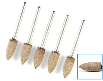 5pcs Leather Burrs 6mm Cone Shape Head 3mm Shank Polish Polishing Buffer Buffing File Mount Mounted Rotary Drill Bit Tip Tipped Tool Set