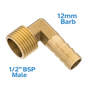 May include: Brass 1/2 inch BSP male to 12mm barb elbow fitting. The fitting is made of brass and has a 1/2 inch BSP male thread on one end and a 12mm barb on the other end.